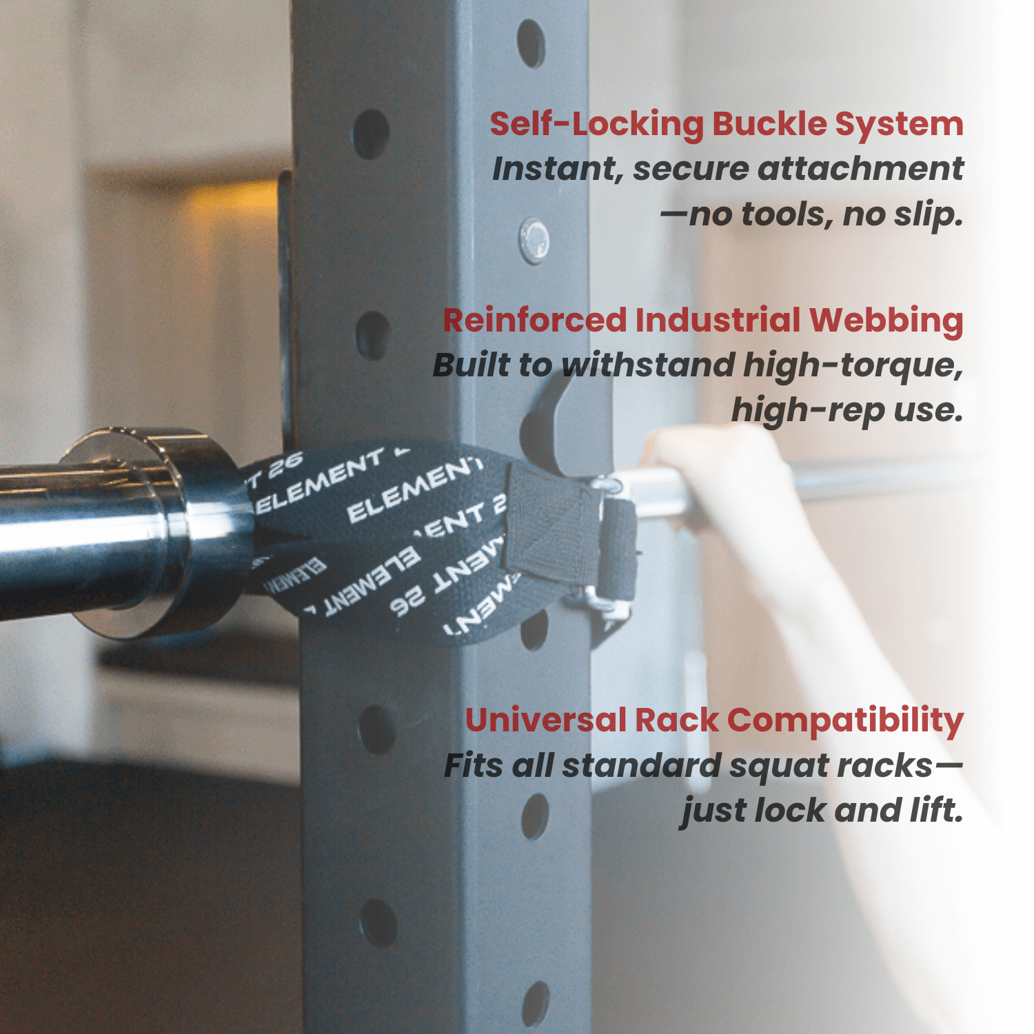 Barbelts with self-locking buckle system and reinforced industrial webbing for secure attachment and universal rack compatibility.
