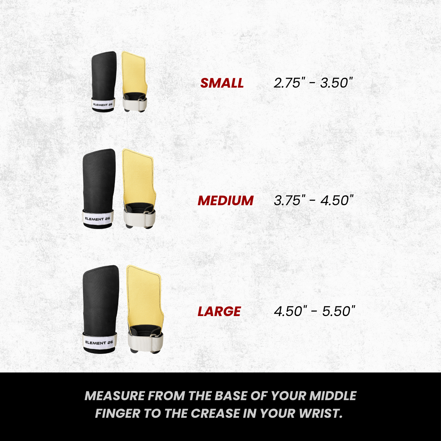 Isocomp Gymnastic Hand Grips size chart showing small, medium, and large options with measurement details.