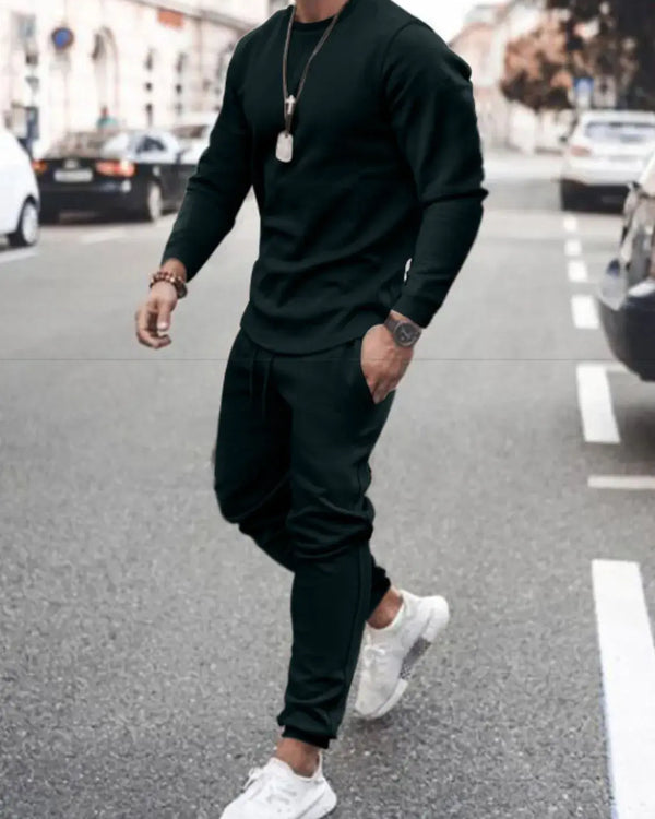 Men's Full Size Round Neck Long Sleeve Top and Pants Set Plus Size