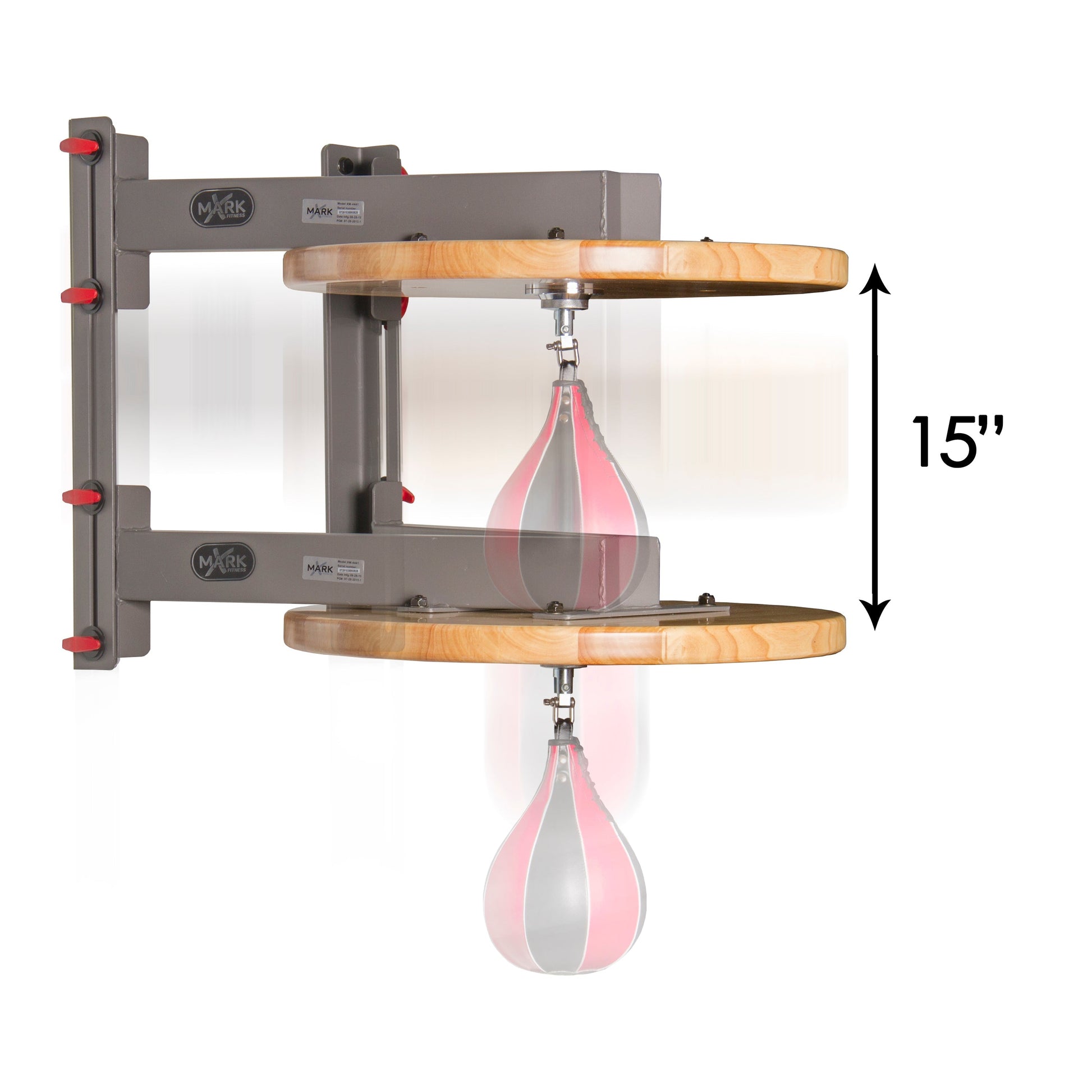 Wall Mounted Speed Bag Platform with Shackle Swivel shown with dual height configuration and adjustable swivel.