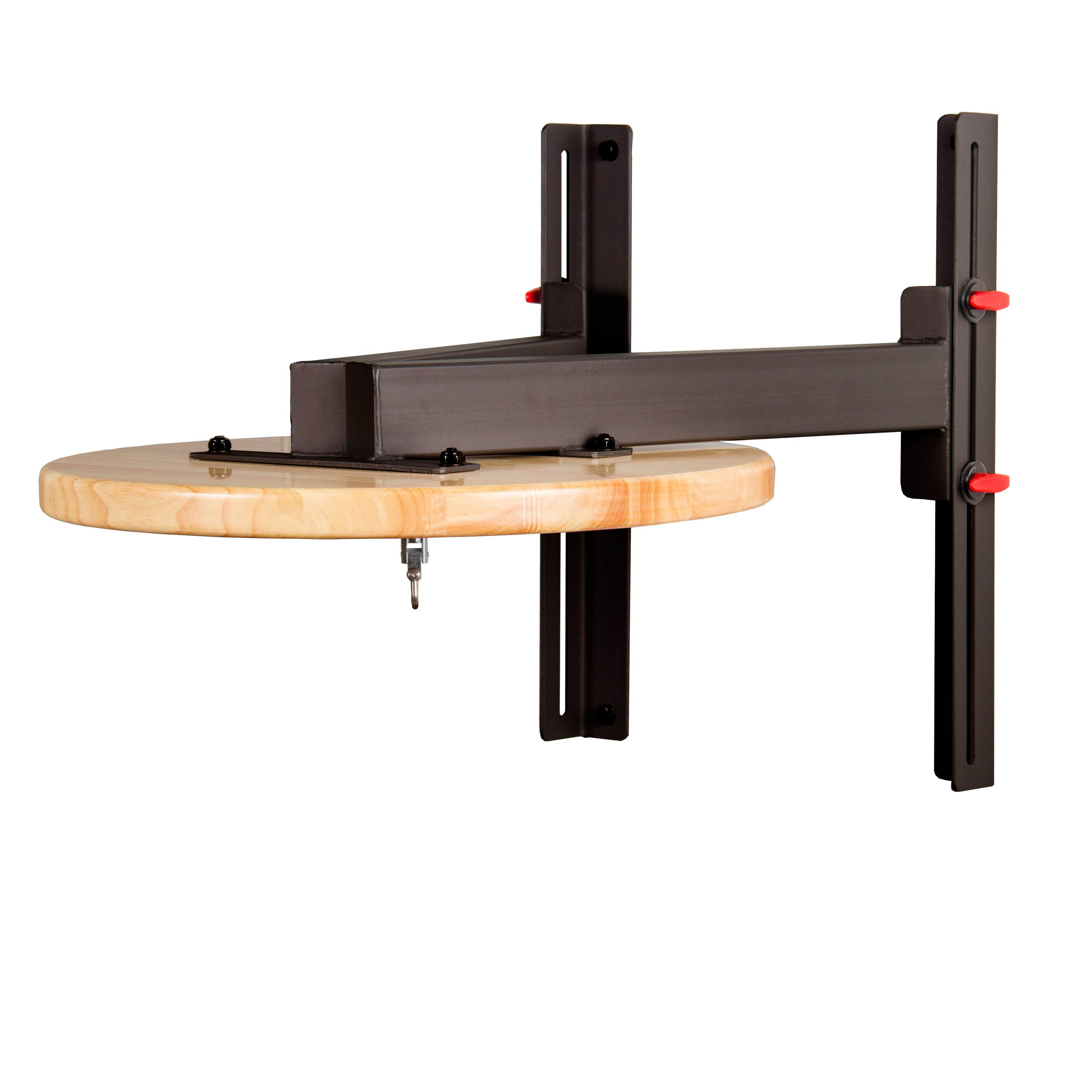 Wall Mounted Speed Bag Platform with Shackle Swivel showcasing a heavy-duty steel frame and round wooden platform.