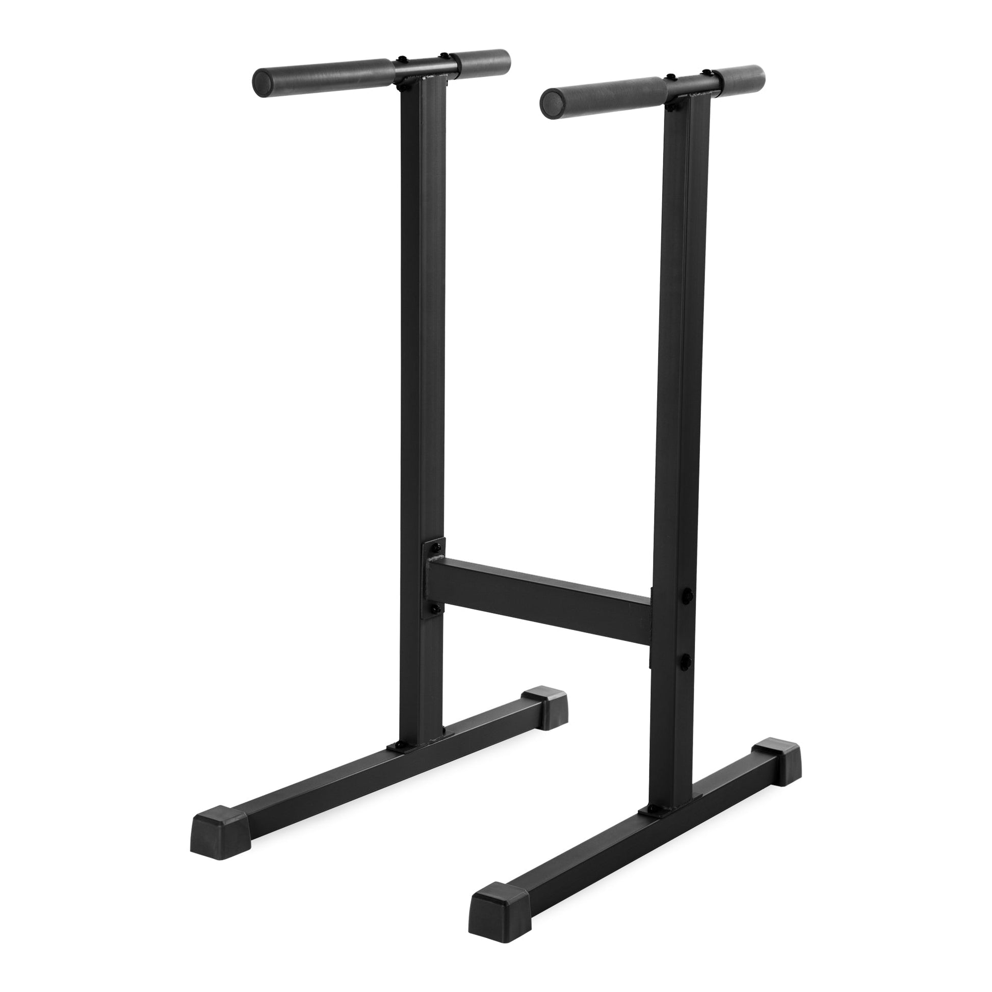 Dip Stand Station Bar for Vertical Knee Raise showing a sturdy black steel frame with grips ideal for upper-body workouts.
