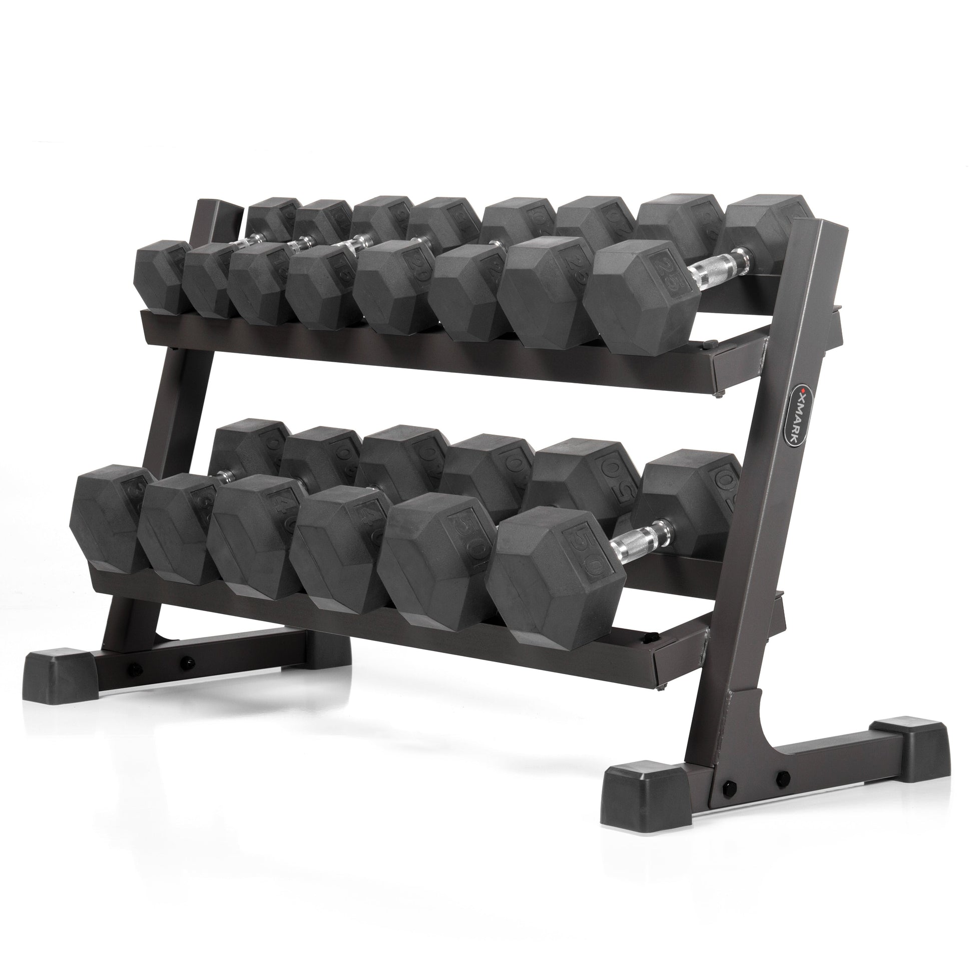 10 to 50 lbs. Rubber Hex Dumbbell Pairs Includes 2-Tier Storage Rack with multiple hex dumbbells arranged.