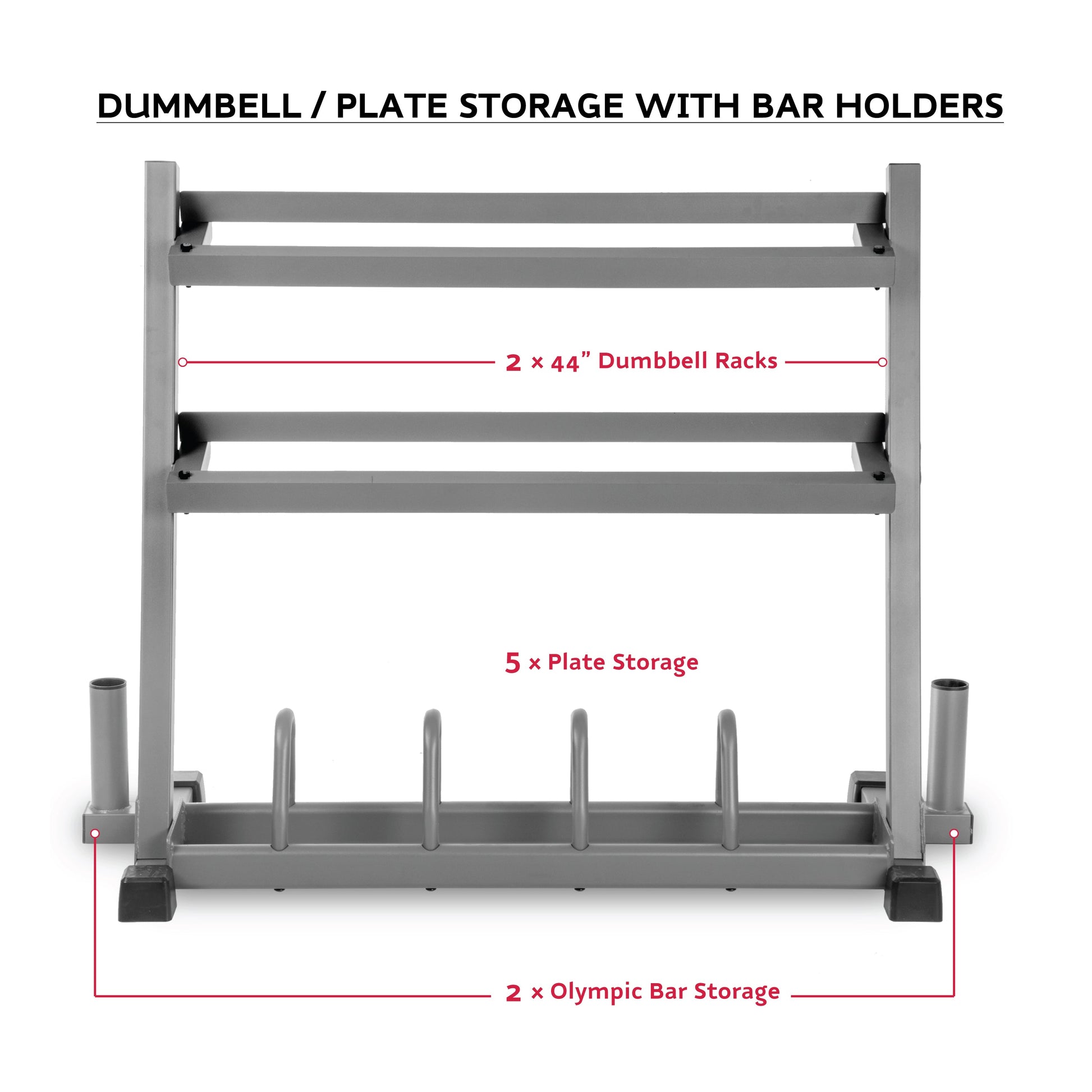 All-In-One Storage For Dumbbells Weight Plates and Barbells with 2 dumbbell racks and 5 plate storage slots.
