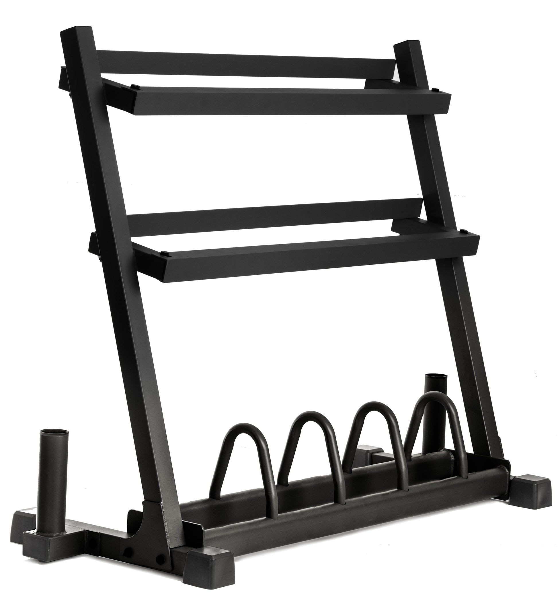 All-In-One Storage For Dumbbells Weight Plates and Barbells rack with three levels and space for Olympic bars.