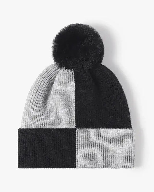 Color Block Knit Hat with Pom-pom