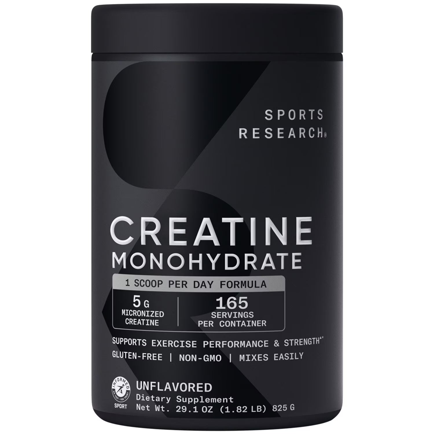 Sports Research Micronized Creatine Monohydrate Unflavored supplement container with nutritional details.