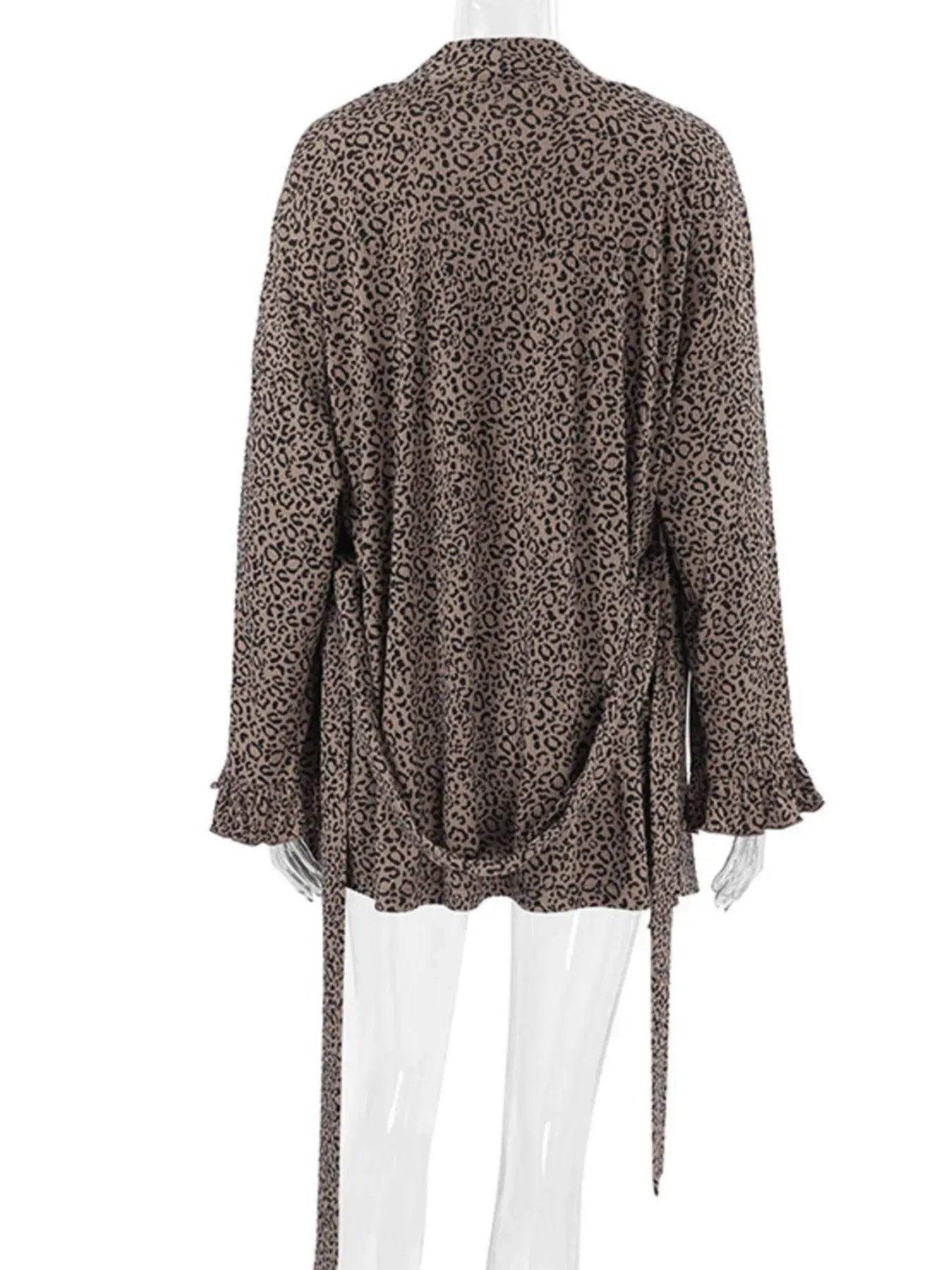 Back view of the Leopard Cami Cardigan and Shorts 3-Piece Set showcasing the tied details and leopard print.