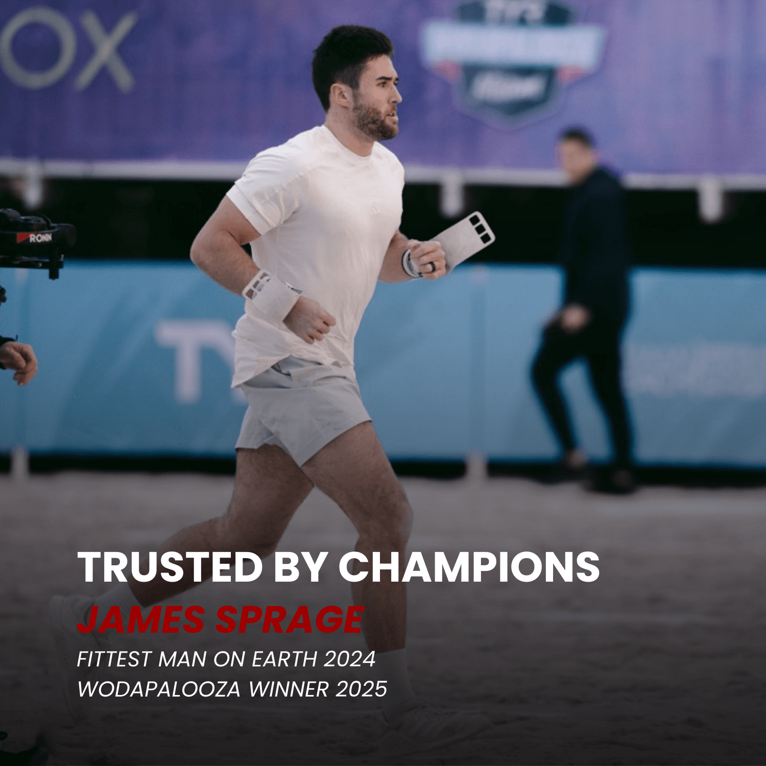 James Sprague, a top athlete, competing on the beach, embodying trust and excellence in fitness.