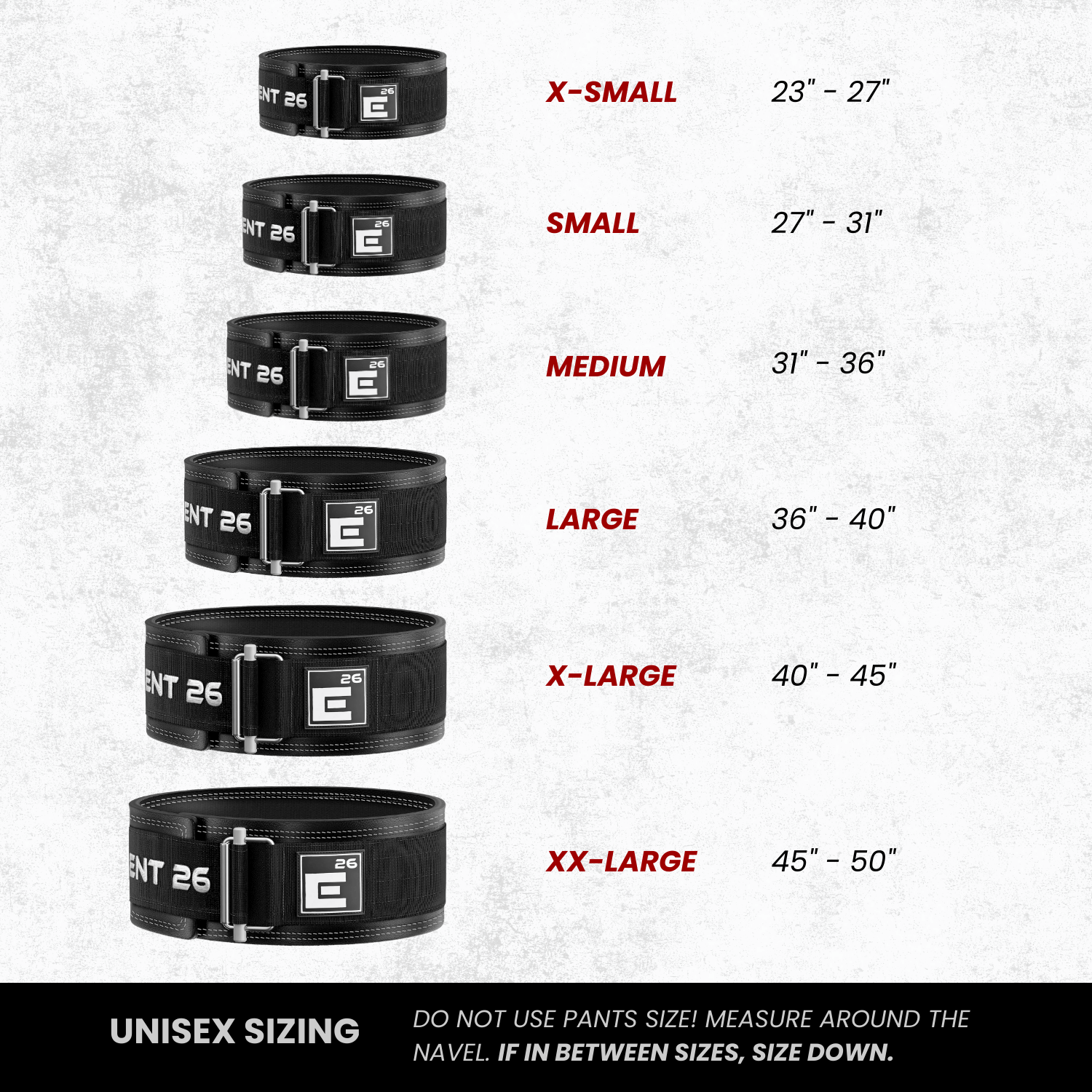 Sizing chart for the Hybrid Leather Weightlifting Belt with unisex dimensions from X-Small to XX-Large.
