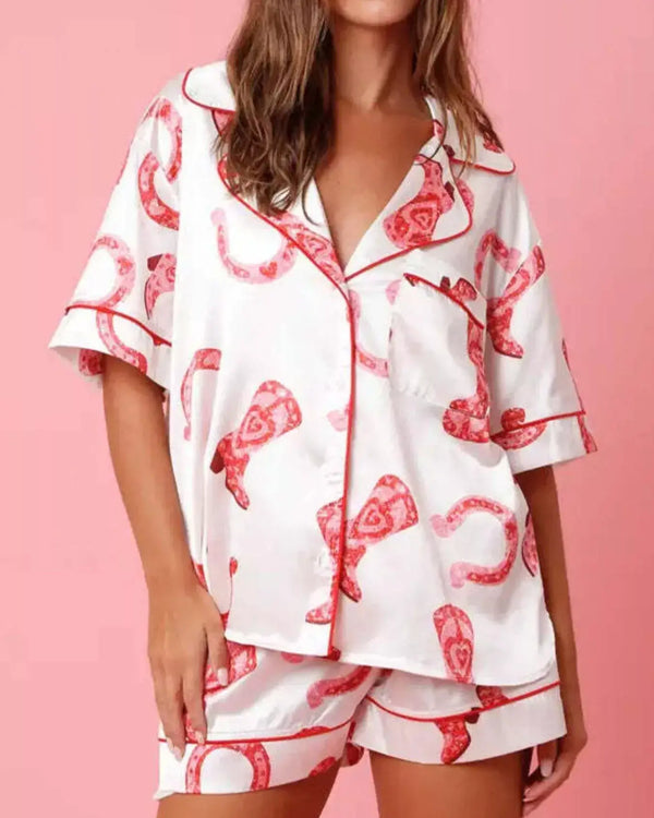 Button Up Half Sleeve Shirt and Shorts Lounge Set featuring a red and white design, perfect for casual comfort.