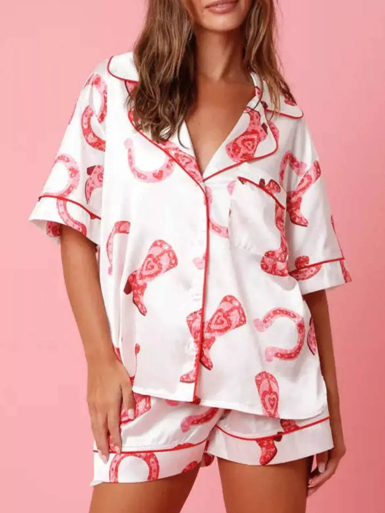 Button Up Half Sleeve Shirt and Shorts Lounge Set featuring a red and white design, perfect for casual comfort.