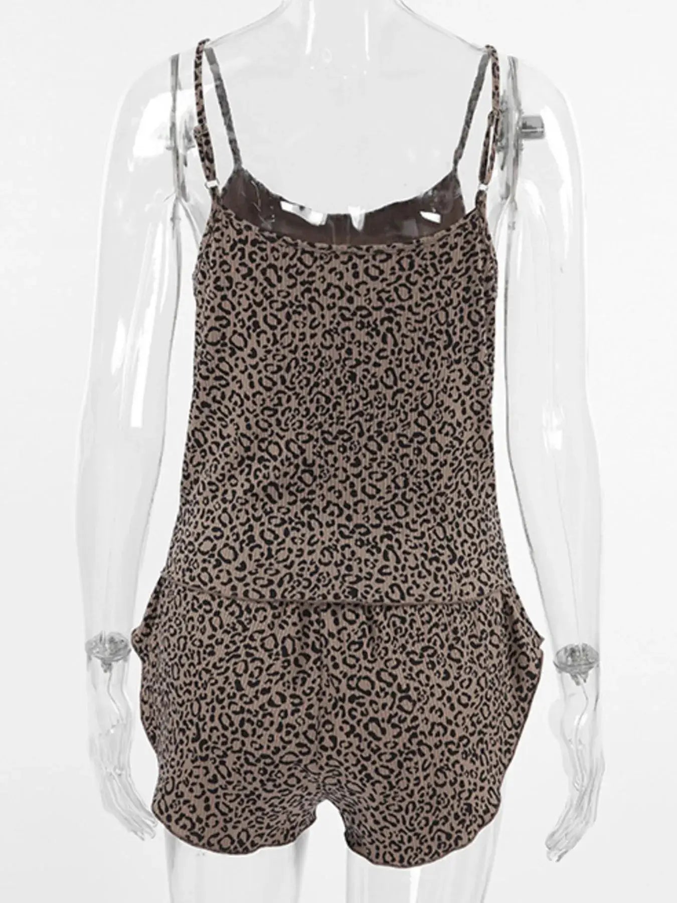 Leopard Cami Cardigan and Shorts 3-Piece Set displayed on a mannequin, featuring a leopard print design and adjustable straps.
