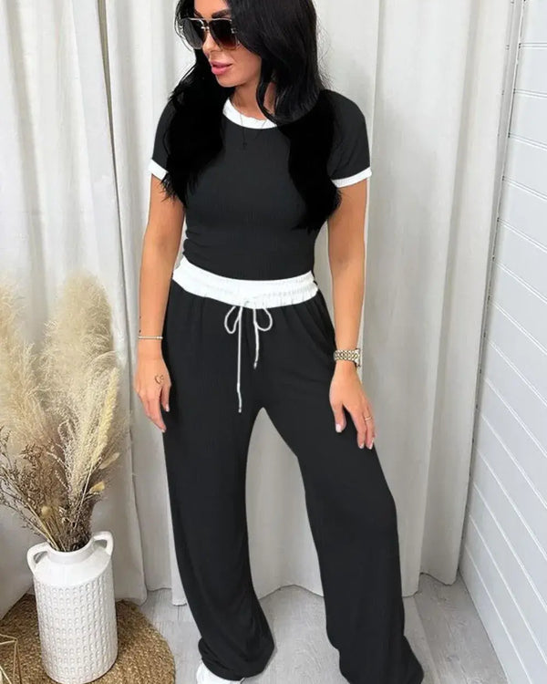 Contrast Trim Round Neck Top and Pants Set