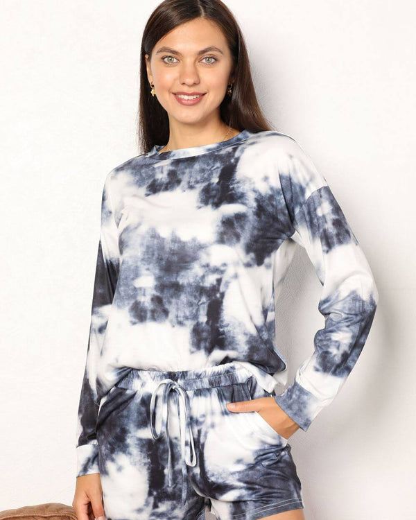 Shiny Tie-Dye Round Neck Top and Shorts Lounge Set, featuring a model wearing a cozy long-sleeve top with matching shorts.