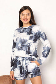 Shiny Tie-Dye Round Neck Top and Shorts Lounge Set, featuring a model wearing a cozy long-sleeve top with matching shorts.