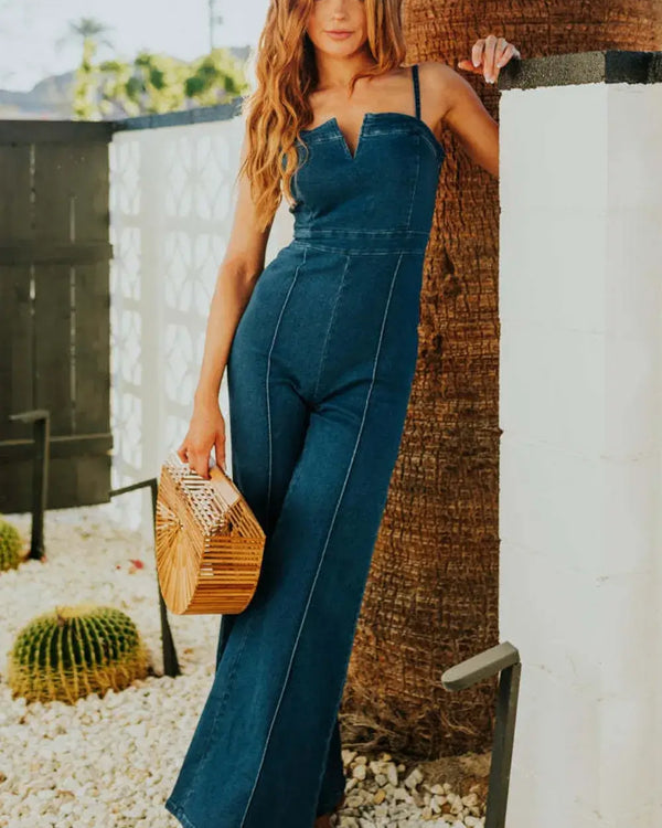 Spaghetti Strap Wide Leg Denim Jumpsuit