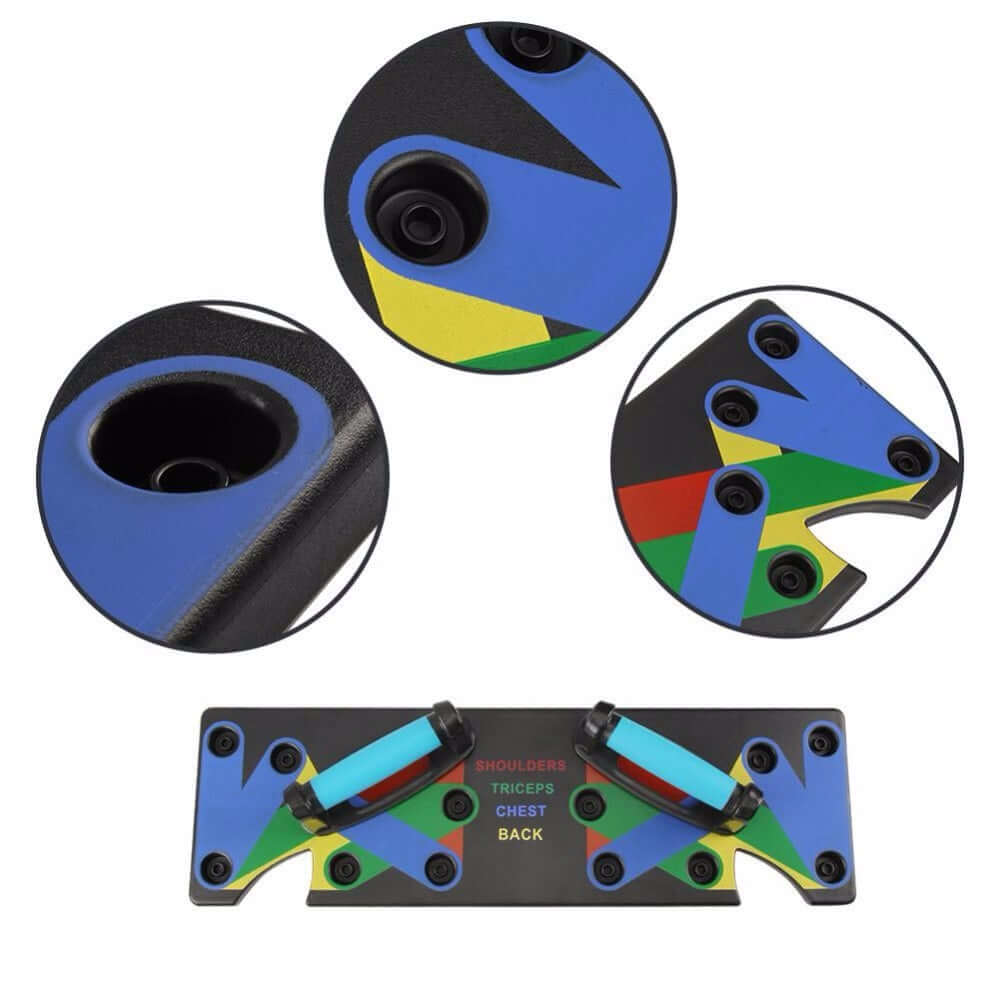 Close-up view of the Push Up Rack Edge 9 in 1 Body Building Fitness Tools showing triceps, chest, back features.