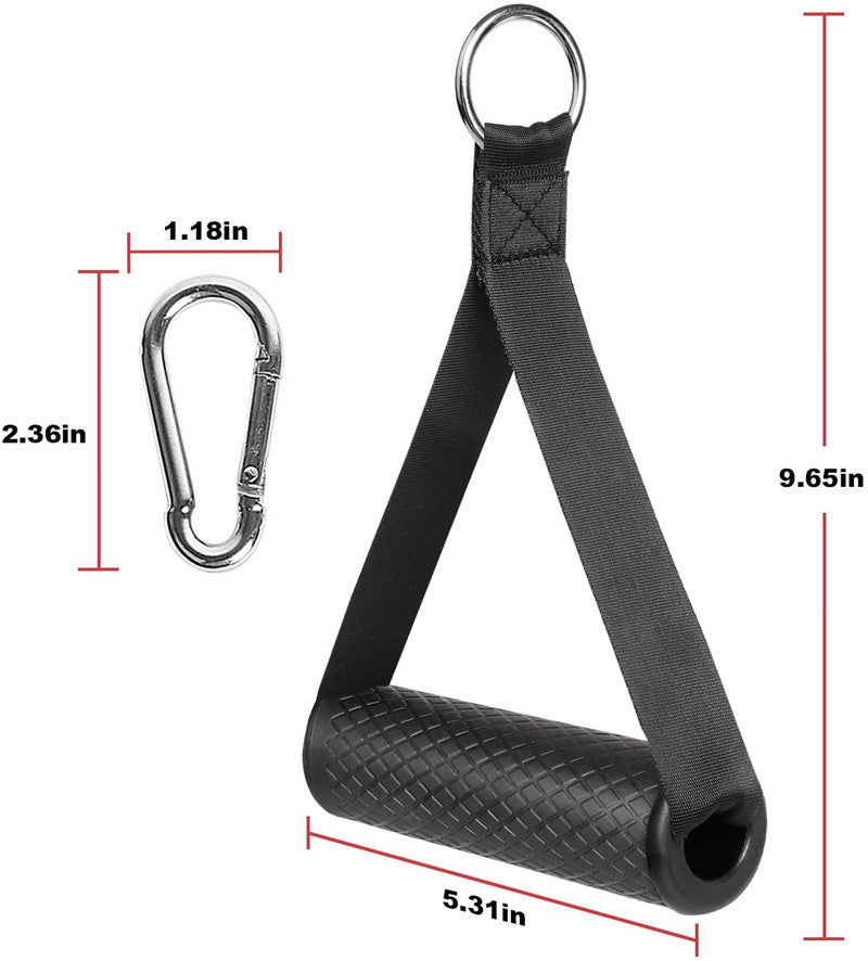 Gym Resistance Bands Handles Anti-slip Grip Strong with dimensions and features, showing ergonomic design for exercise.