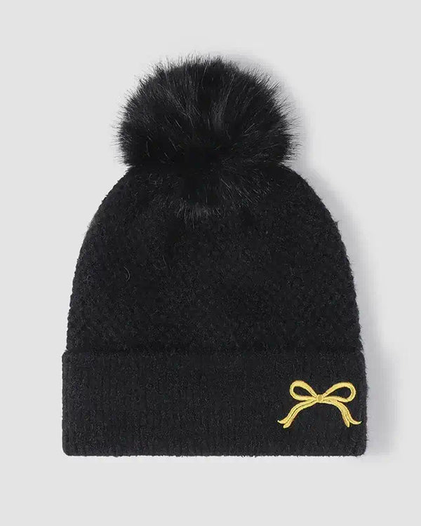 Thermal Bow Knit Hat with Pompom