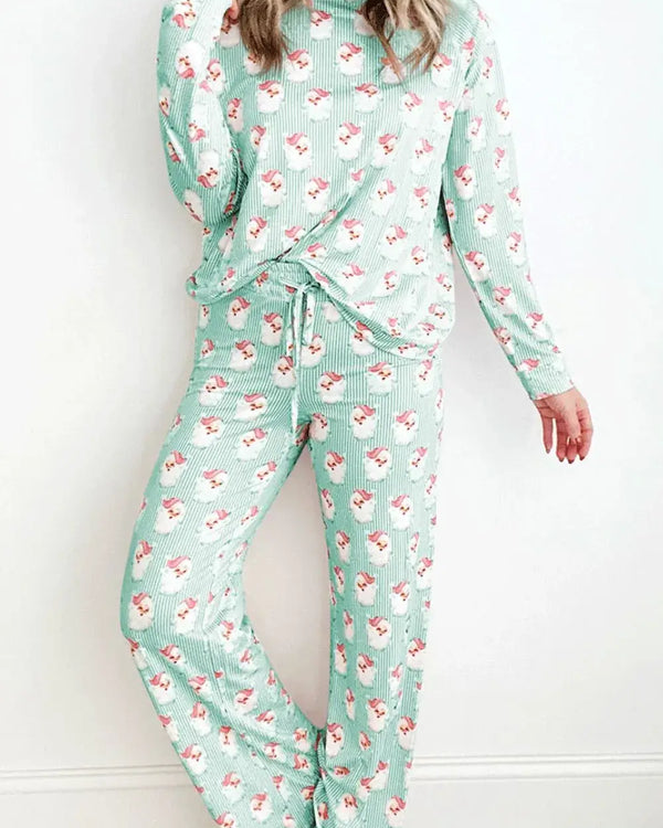 Santa Print Long Sleeve Top and Pants Lounge Set featuring playful Santa design in mint green.