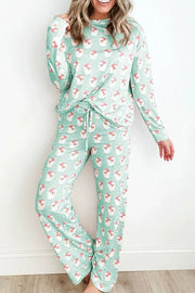 Santa Print Long Sleeve Top and Pants Lounge Set featuring playful Santa design in mint green.