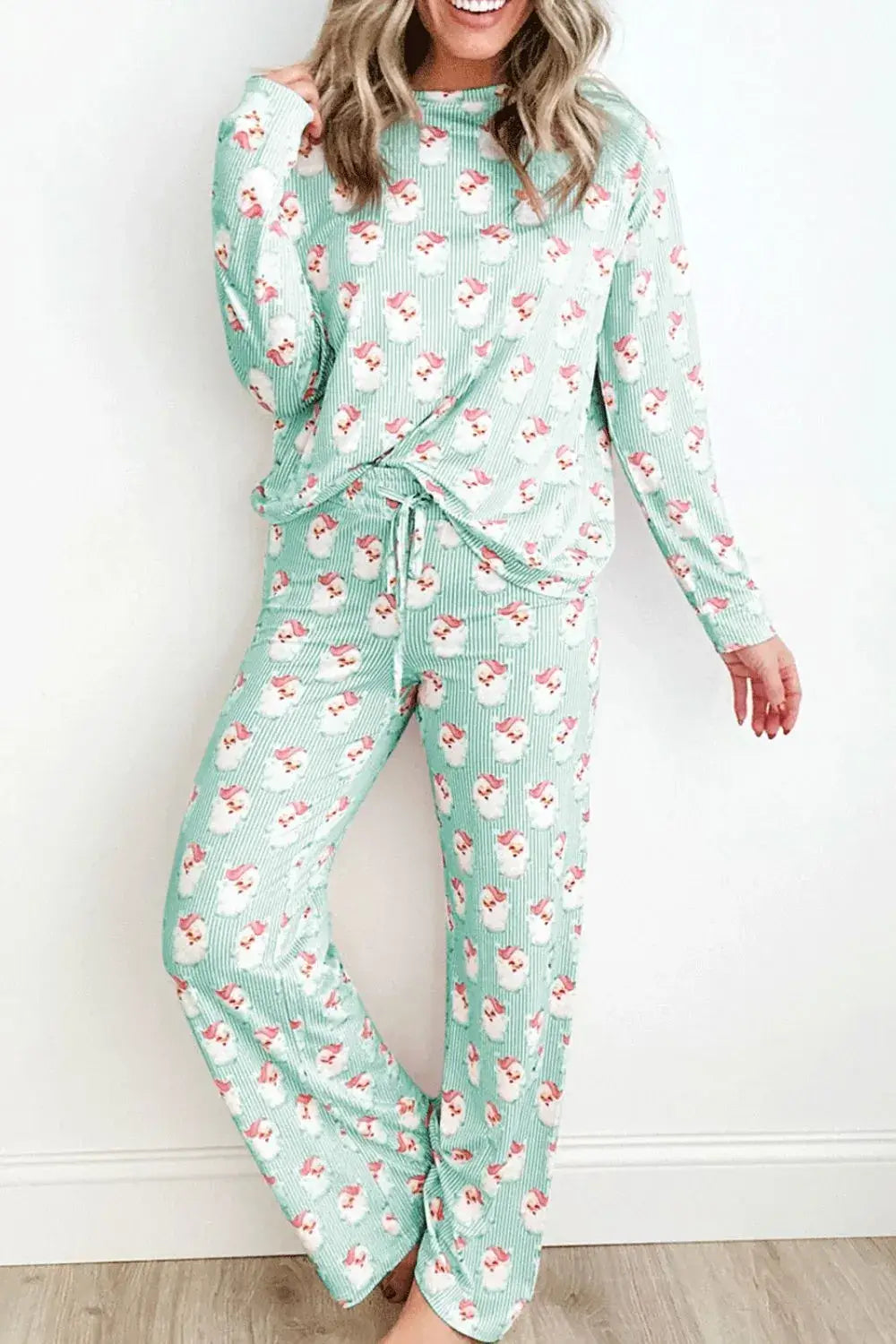 Santa Print Long Sleeve Top and Pants Lounge Set featuring playful Santa design in mint green.