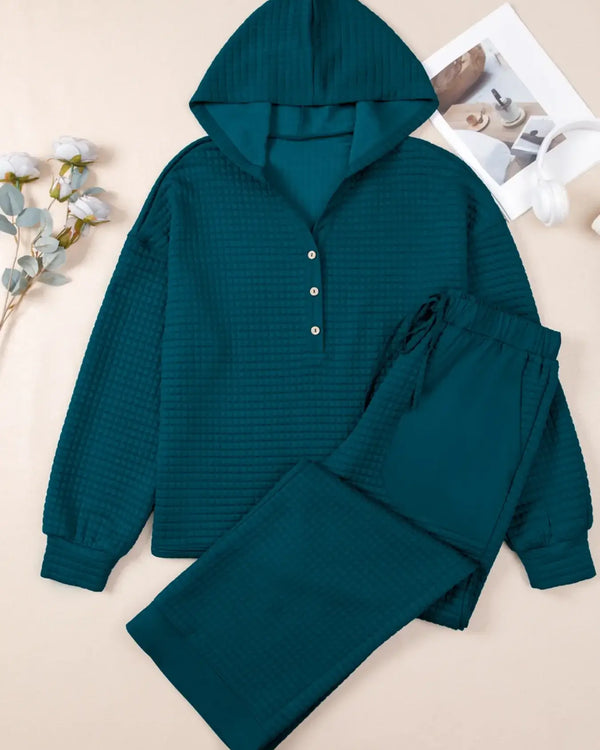 Waffled Textured Raw Edge Patchwork Top and Pants 2pcs Set