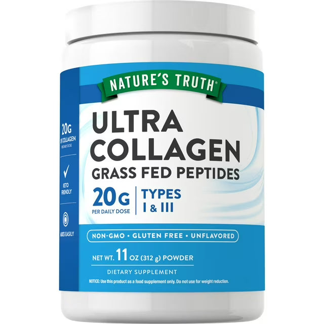Nature's Truth Ultra Collagen Powder 11 oz - Gluten Free Unflavored packaging with details on collagen types and benefits.