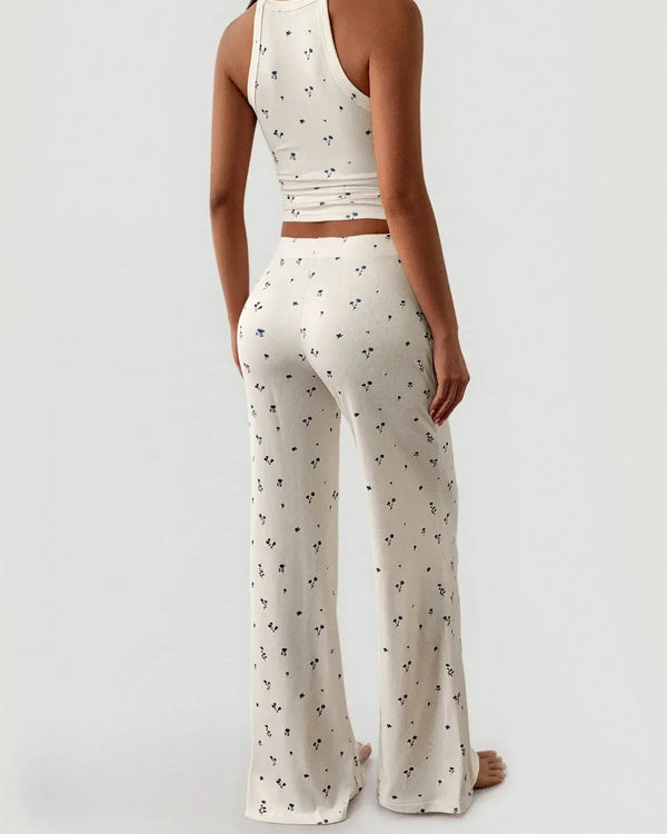 Floral Ribbed Cami and Wide Leg Pants Set