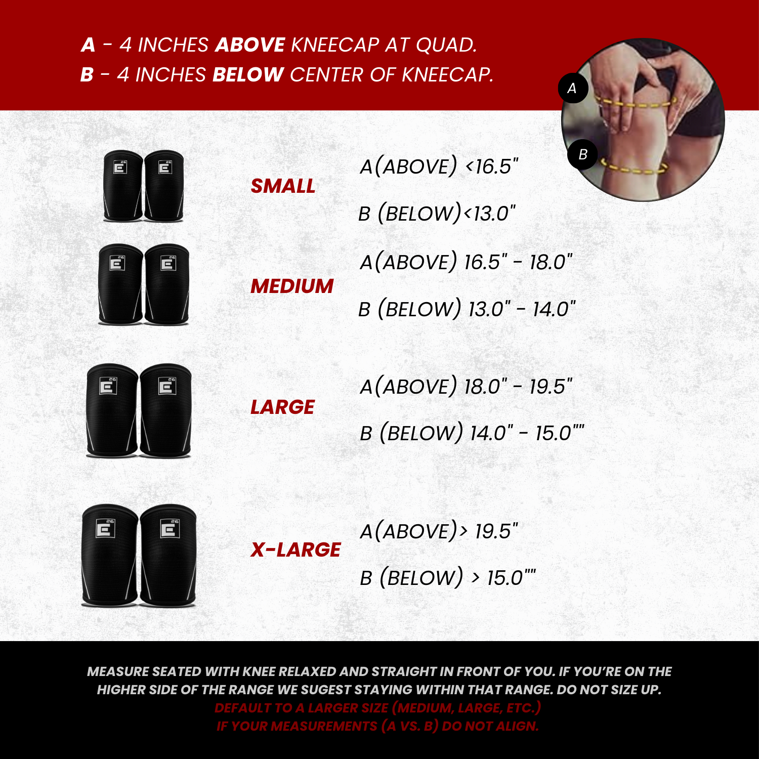 Guide for sizing 6mm Knee Sleeves: measurements for small, medium, large, and x-large to ensure the perfect fit.