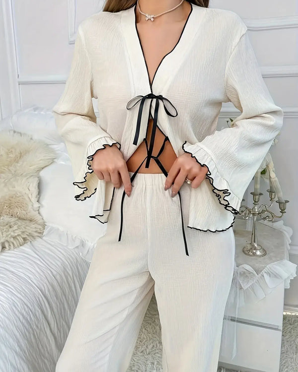 Frill Trim Bow Tie Shirt and Pants Lounge Set