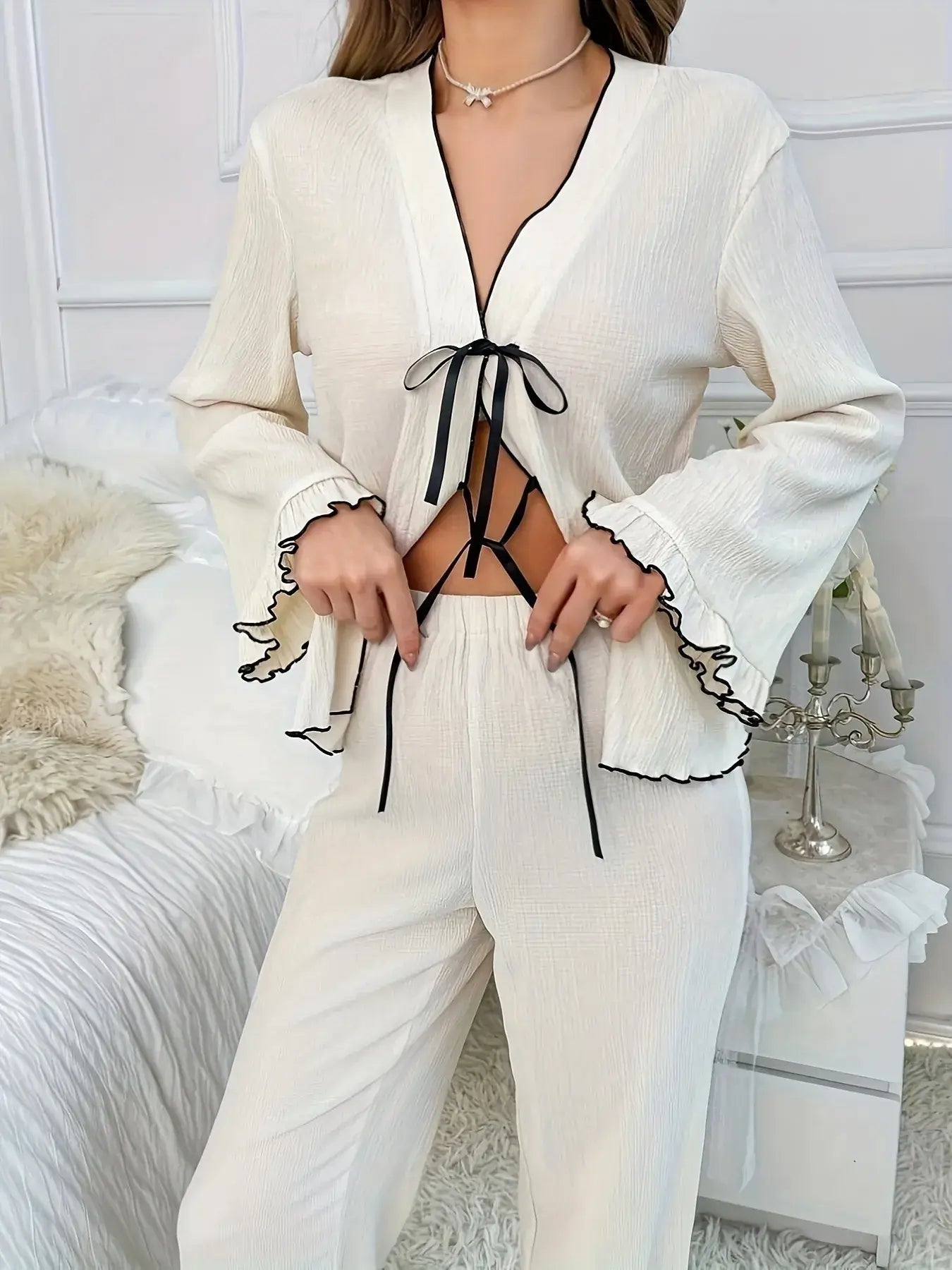 Frill Trim Bow Tie Shirt and Pants Lounge Set featuring a tied shirt with frill trims and matching pants.