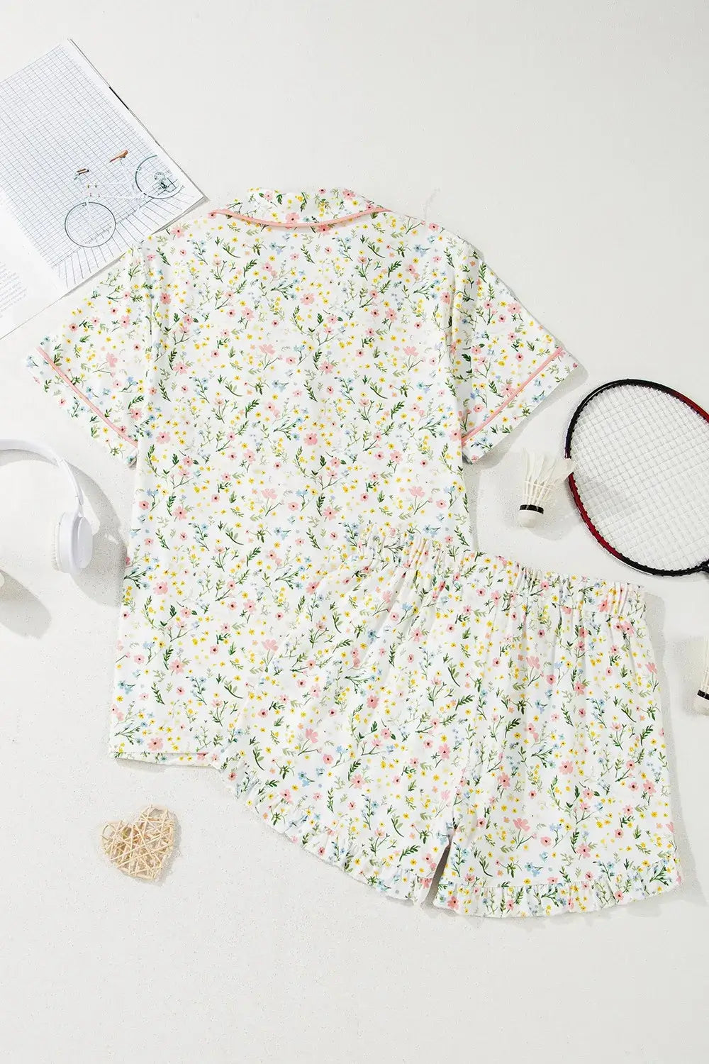 Floral Printed Button Up Short Sleeve Top and Shorts Lounge Set displayed on a white background with accessories.
