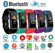 Smart Bracelet With Bluetooth Heart Rate Monitor in various colors, showcasing features like heart rate and activity tracking.
