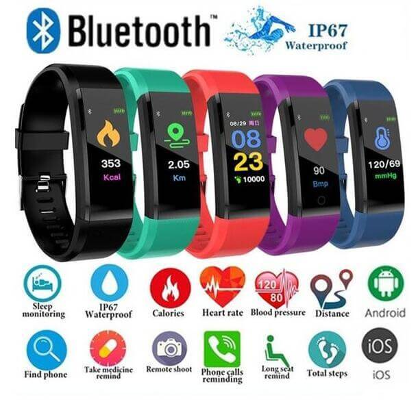 Smart Bracelet With Bluetooth Heart Rate Monitor in various colors, showcasing features like heart rate and activity tracking.