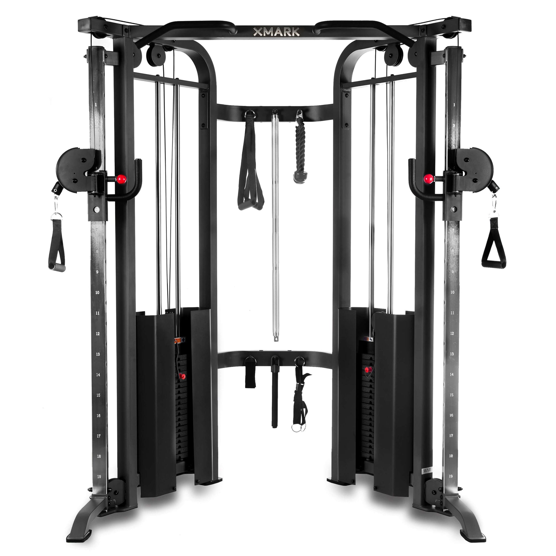Functional Trainer Cable Machine with Dual 200 lb Weight Stacks featuring dual cable stations and adjustable resistance.