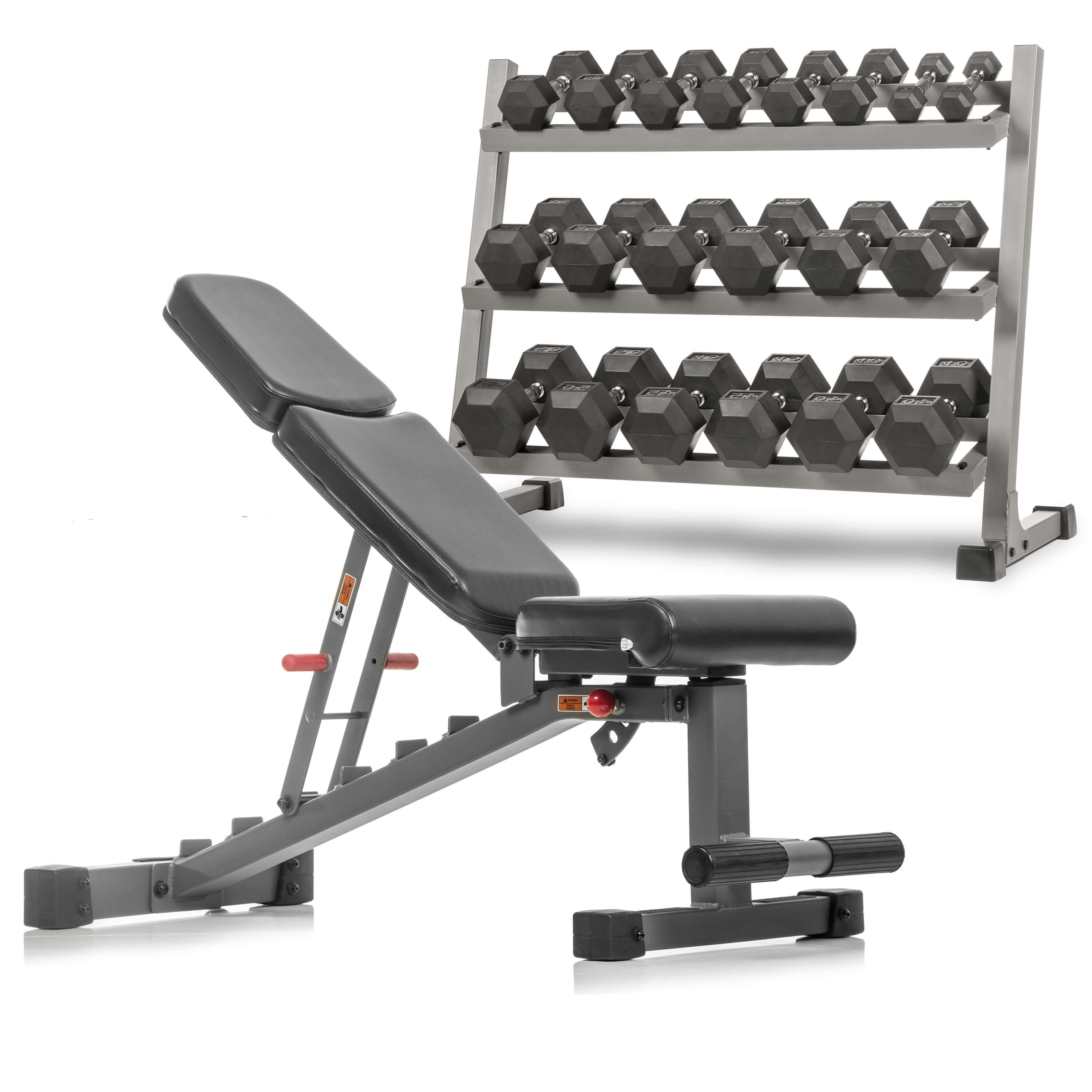 5-50 lb Hex Dumbbell Set with Rack and Weight Bench for a complete home gym workout.