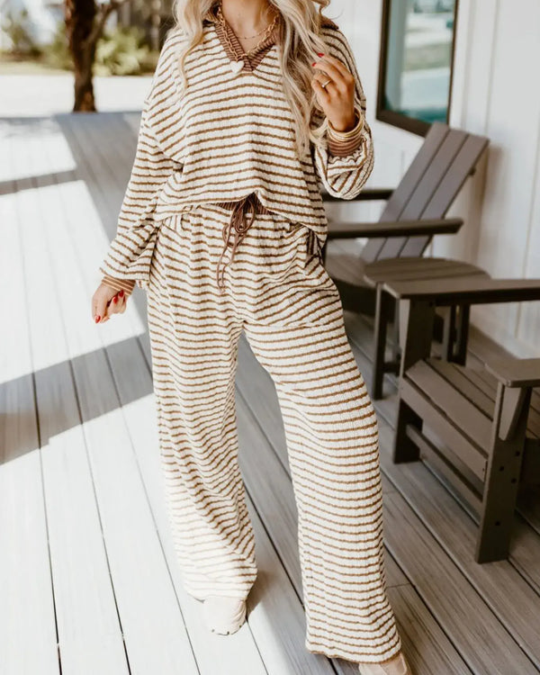Stripe Collared Top and Drawstring Pant Set