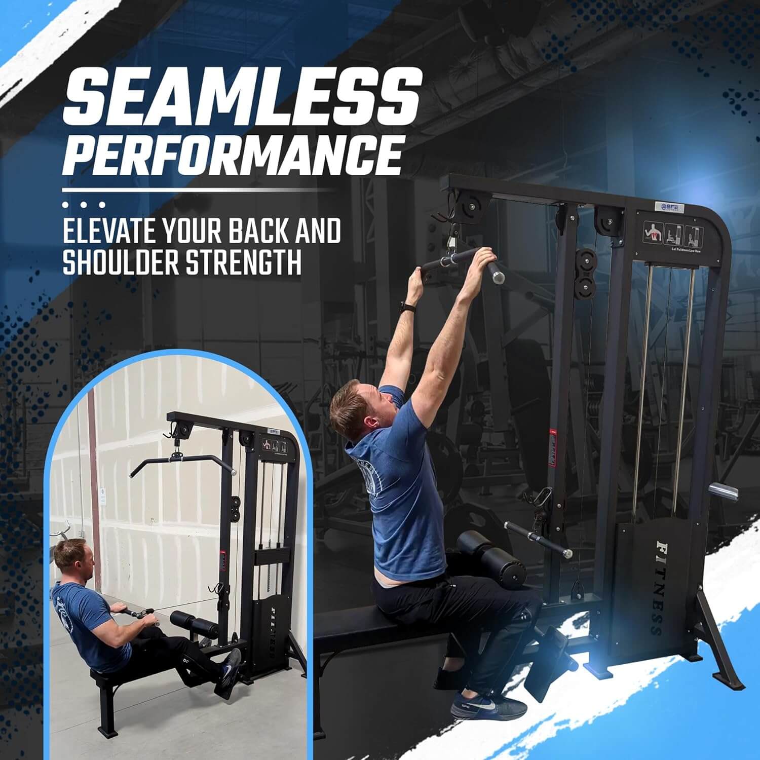 Selectorized Lat Pulldown & Low Row Combo w 250lb weight stack-New in use, showcasing seamless performance in back and shoulder workouts.