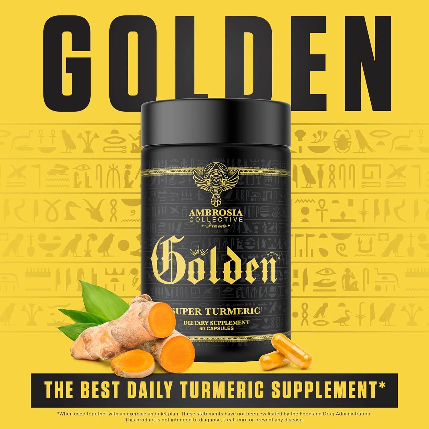 Golden Super Turmeric by Ambrosia dietary supplement jar with turmeric root, yellow background, best daily supplement.