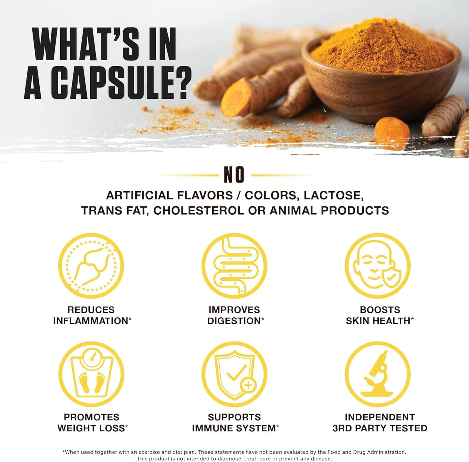 Golden Super Turmeric by Ambrosia infographic listing benefits including reducing inflammation and promoting weight loss.