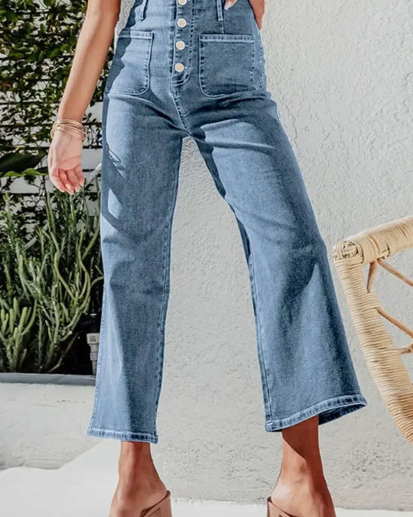 Button Fly Cropped Wide Leg Jeans