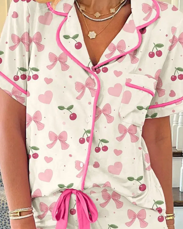 Floral Printed Button Up Short Sleeve Top and Shorts Lounge Set