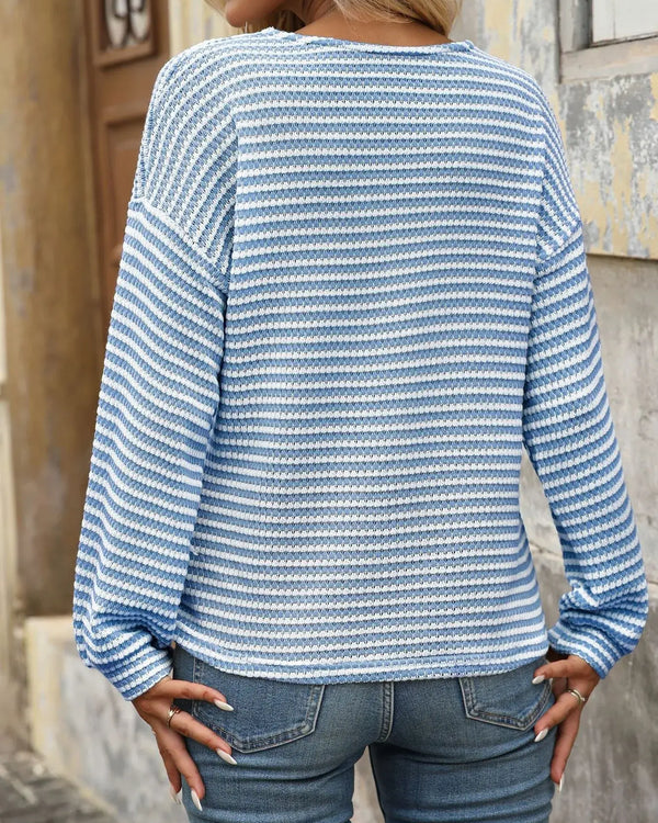Striped V-Neck Button Front Casual Top