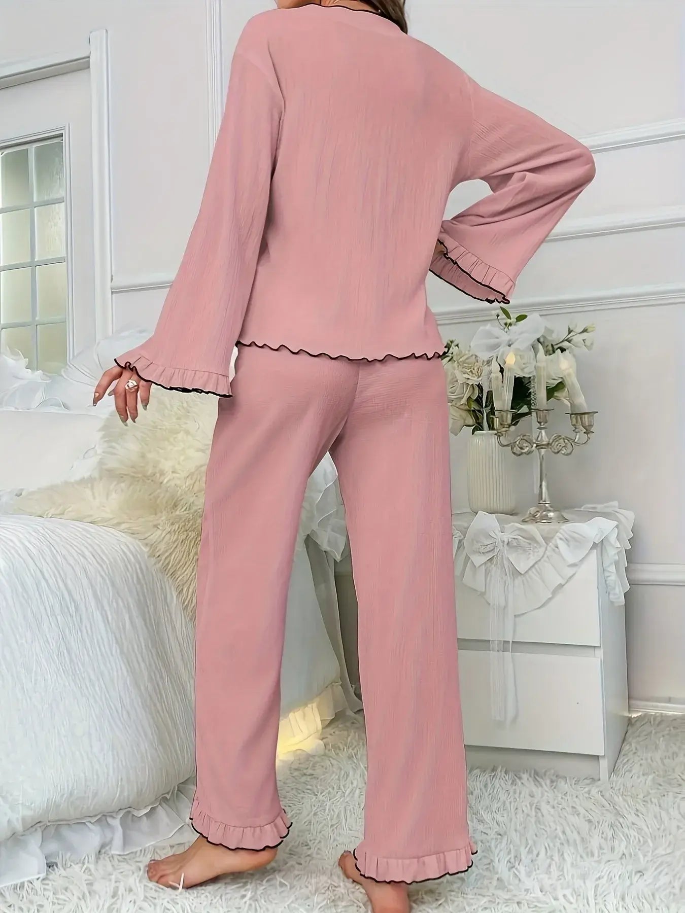 Frill Trim Bow Tie Shirt and Pants Lounge Set featuring a stylish pink design with frill trim and comfortable fit.