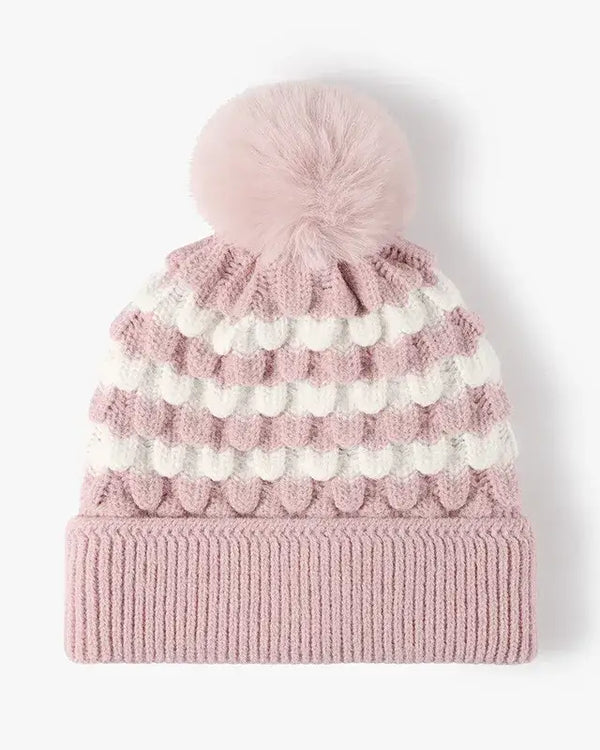 Striped Contrast Knit Hat with Pom-pom