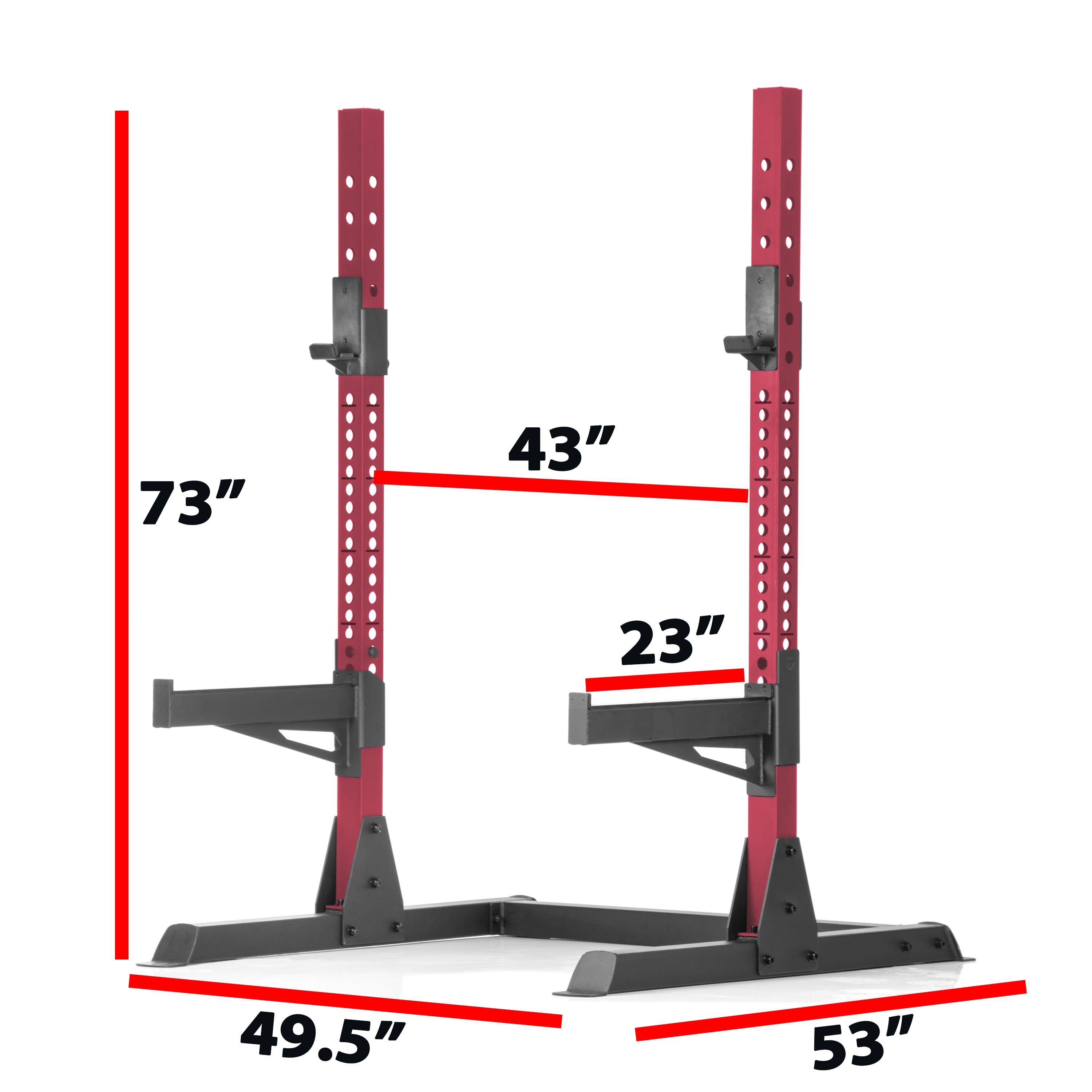Squat Rack Bench Press with Adjustable Safety Spotters dimensions showing height of 73 inches and width 49.5 inches.