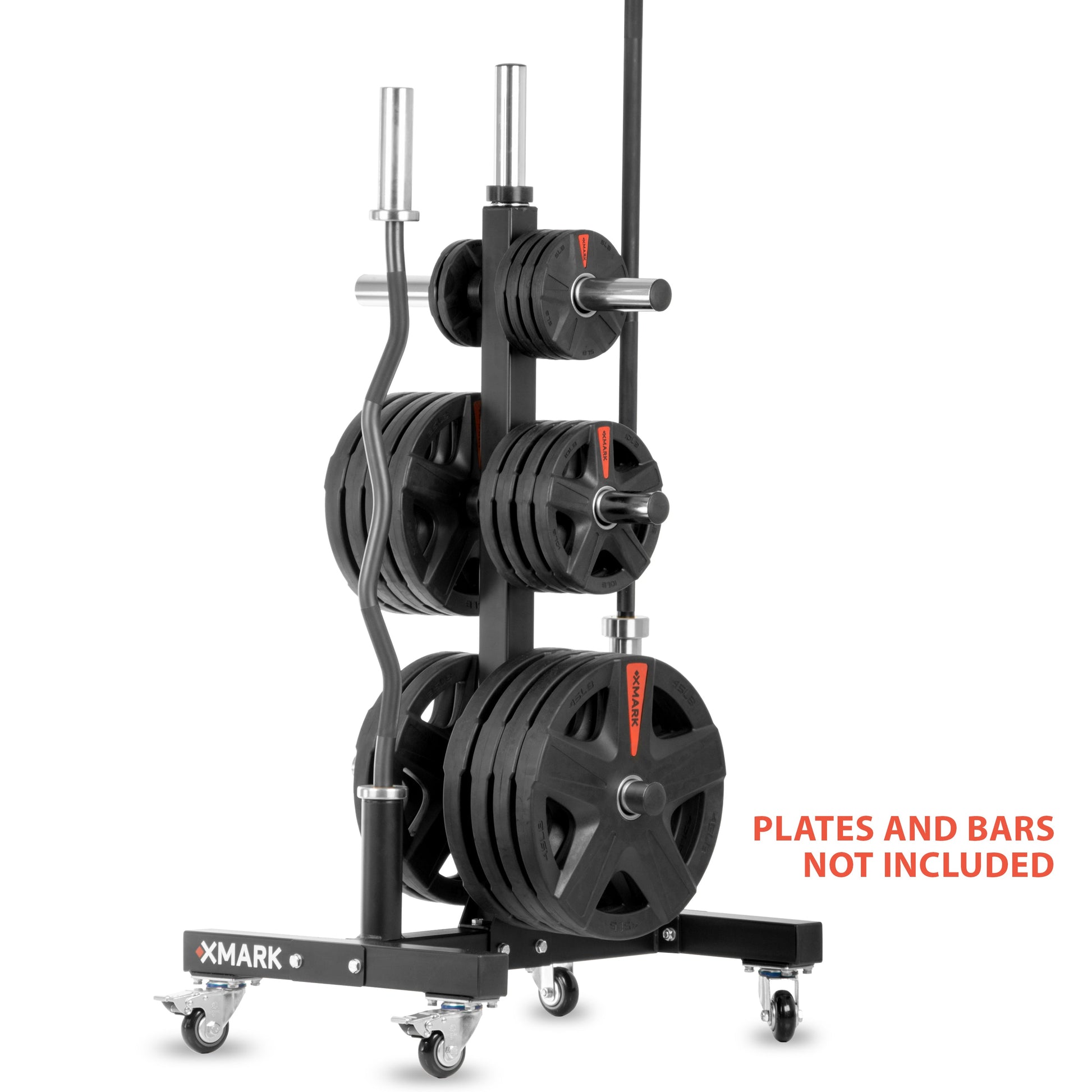 Commercial Olympic Weight Plate Tree on Castors with Dual Bar Holders showcasing durability and mobility.