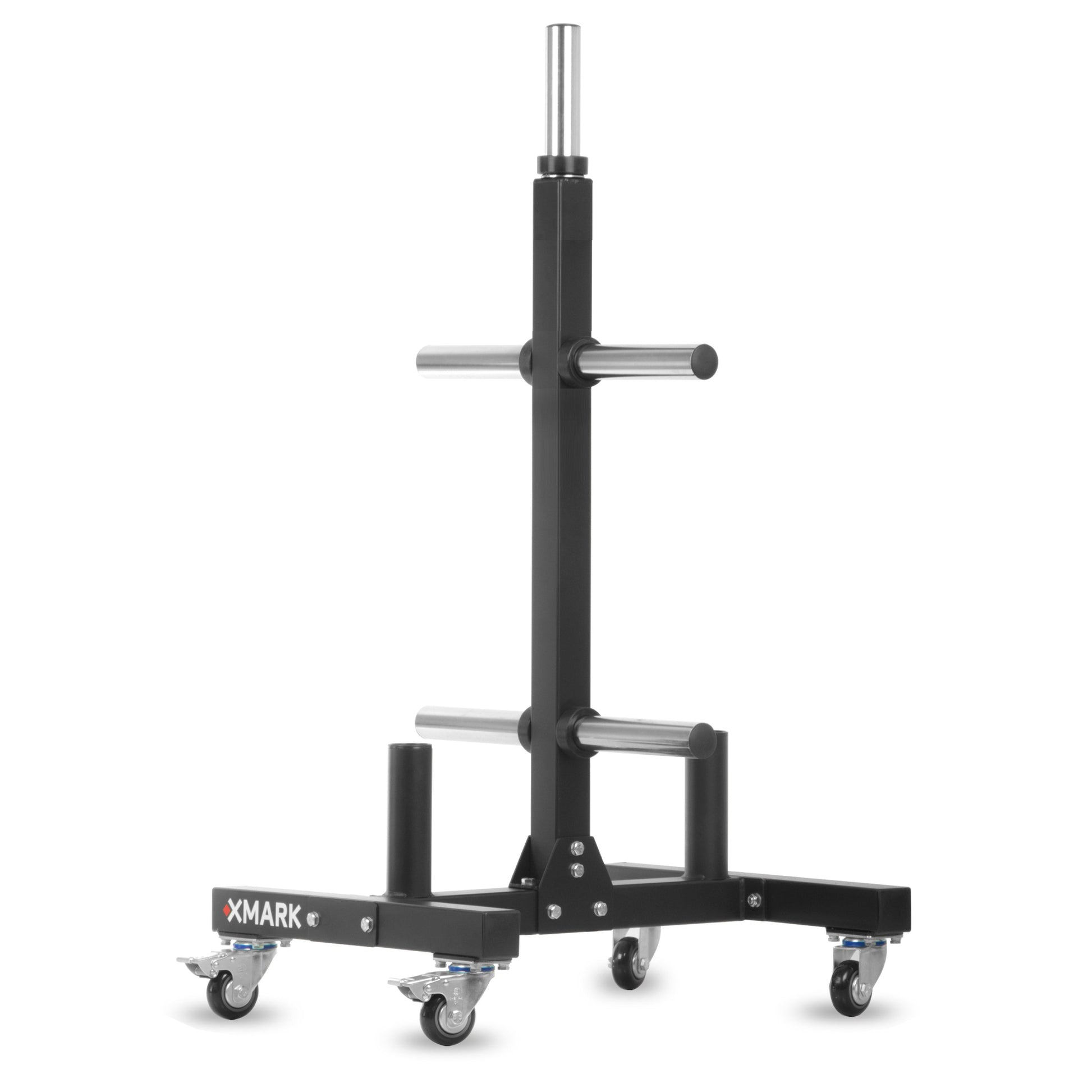 Commercial Bumper Plate Tree on Castors with Dual Bar Holders with robust construction for gym use.